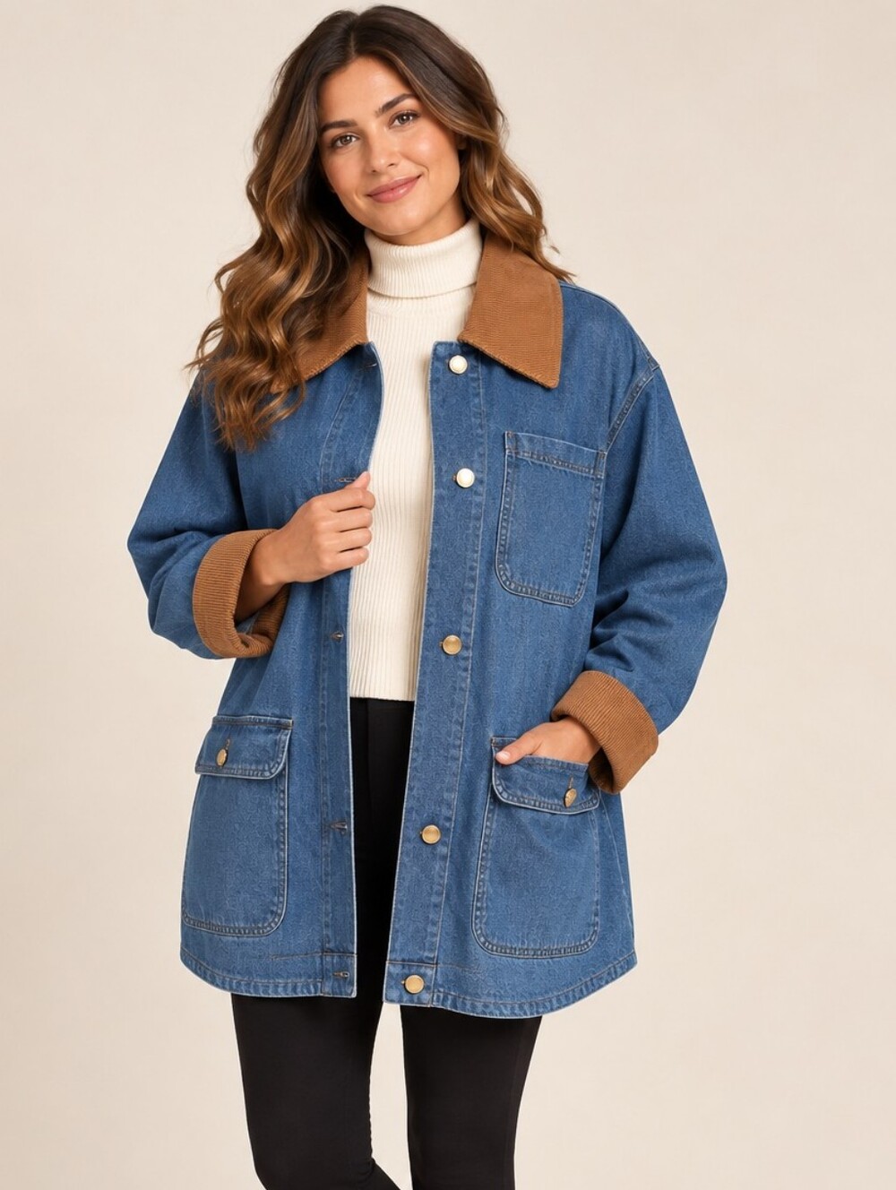 Avec Les Filles Relaxed Denim Barn Jacket Corduroy Collar L